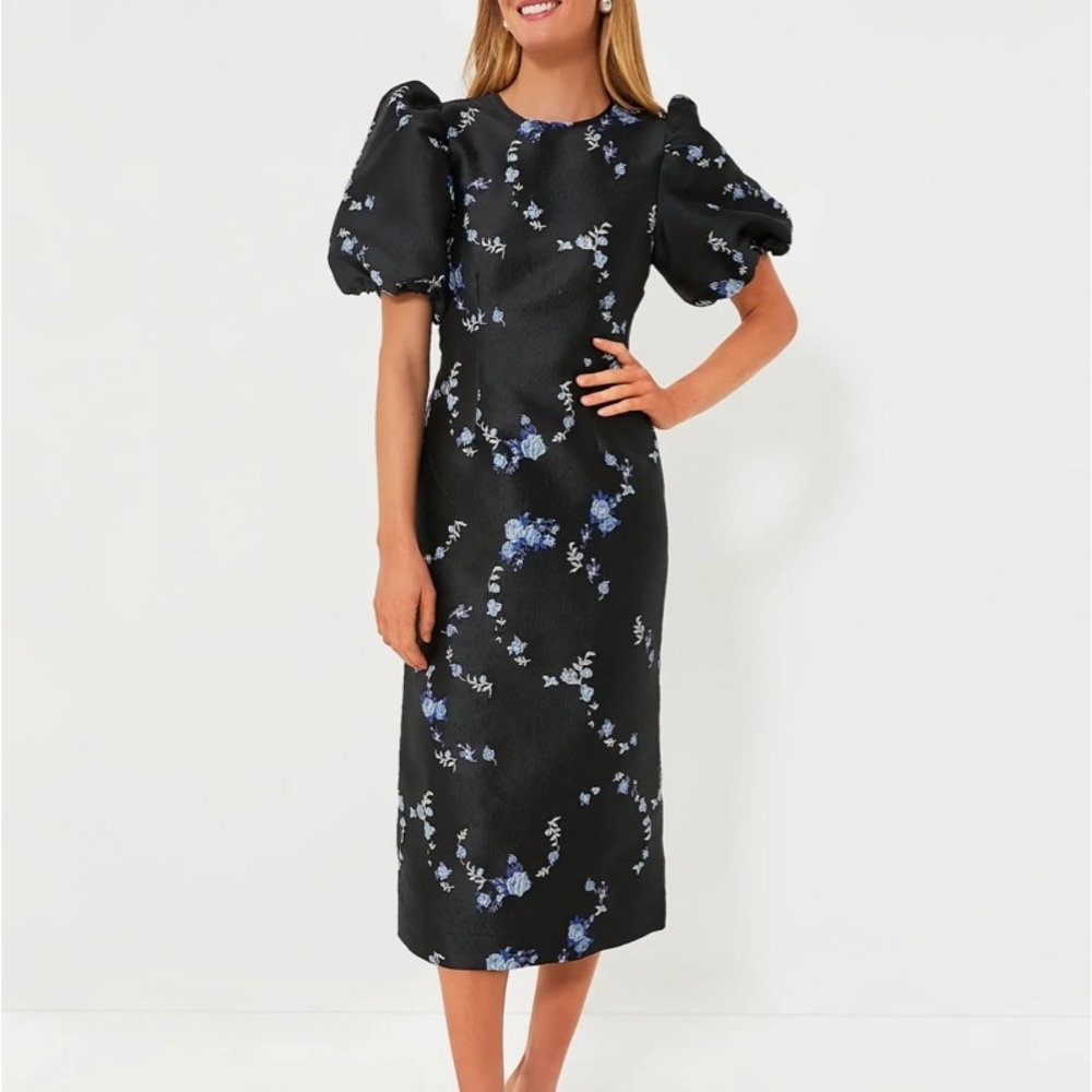 Floral Puff Sleeve Black Dress
